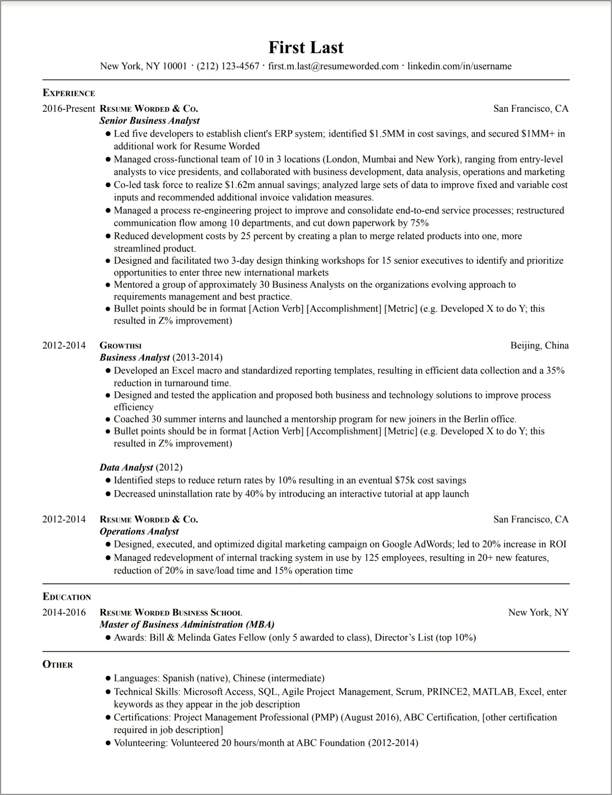 Resume Examples For Analyst Positions