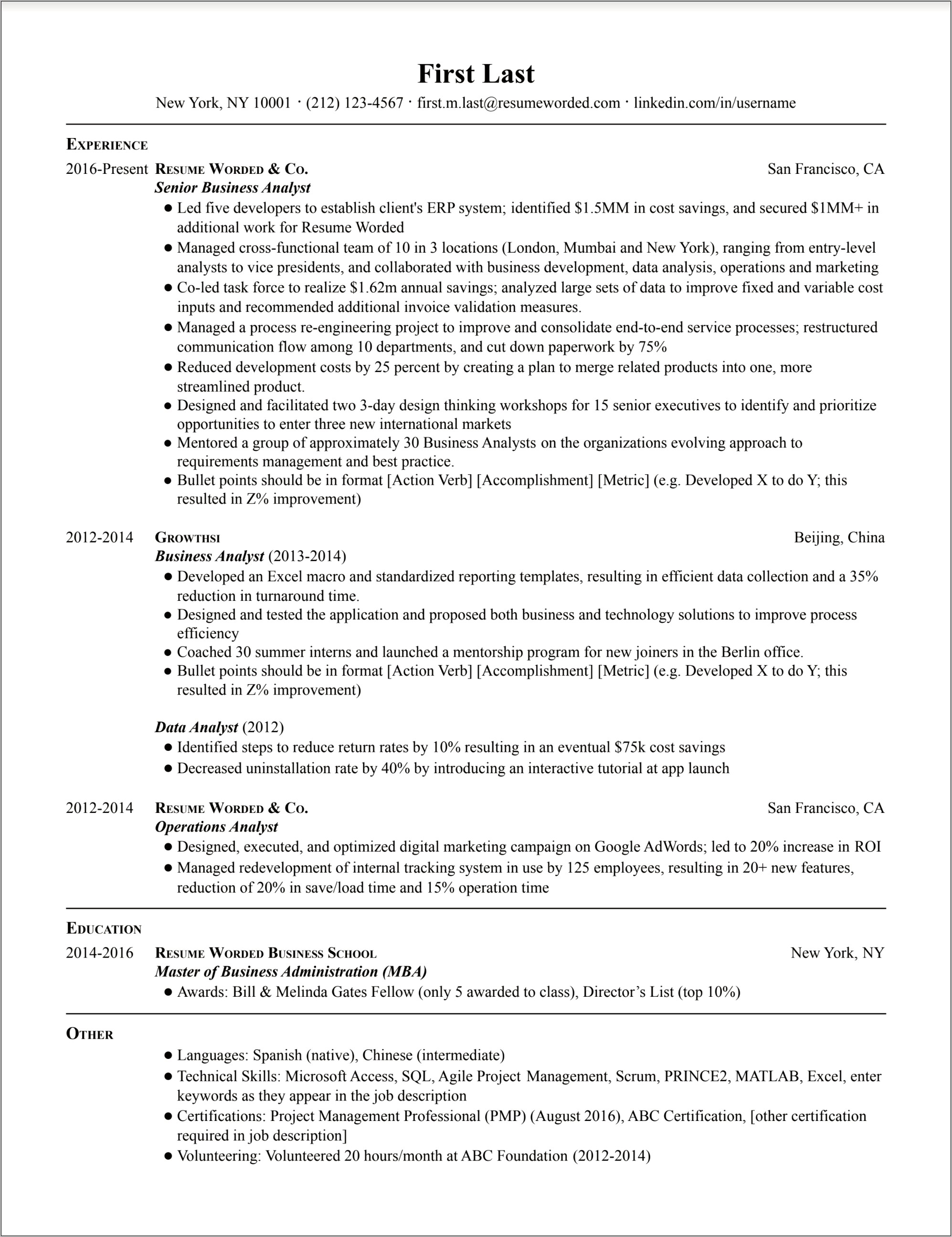Resume Examples For Analyst Positions