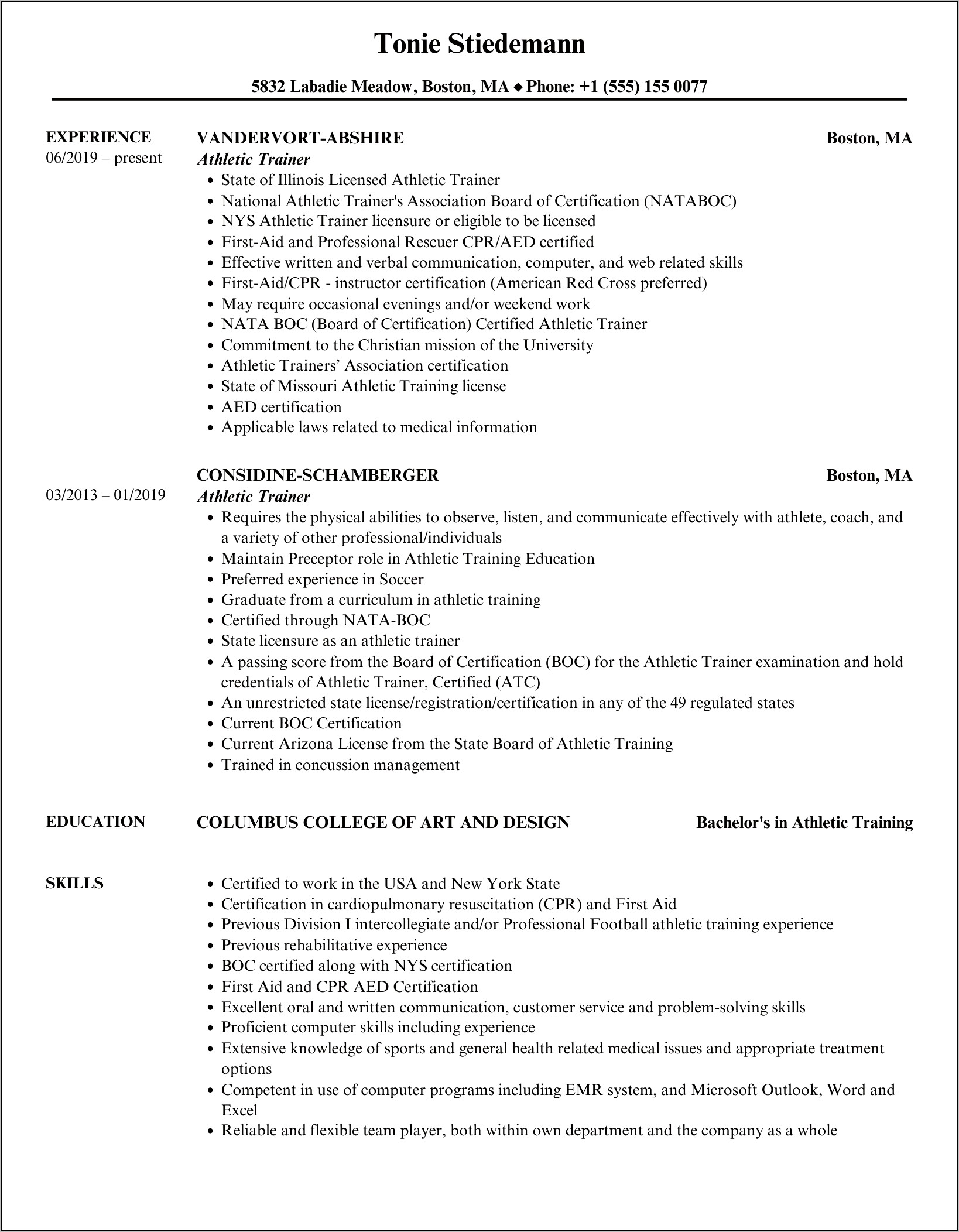Resume Examples For Athletic Trainers
