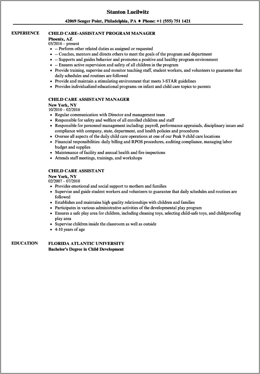 Resume Examples For Children Daycare