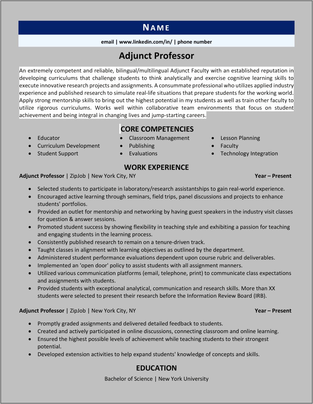 Resume Examples For College Teachers