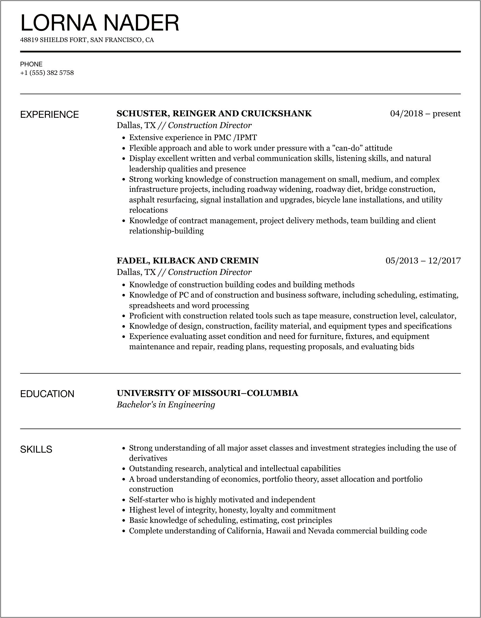 Resume Examples For Construction Directors