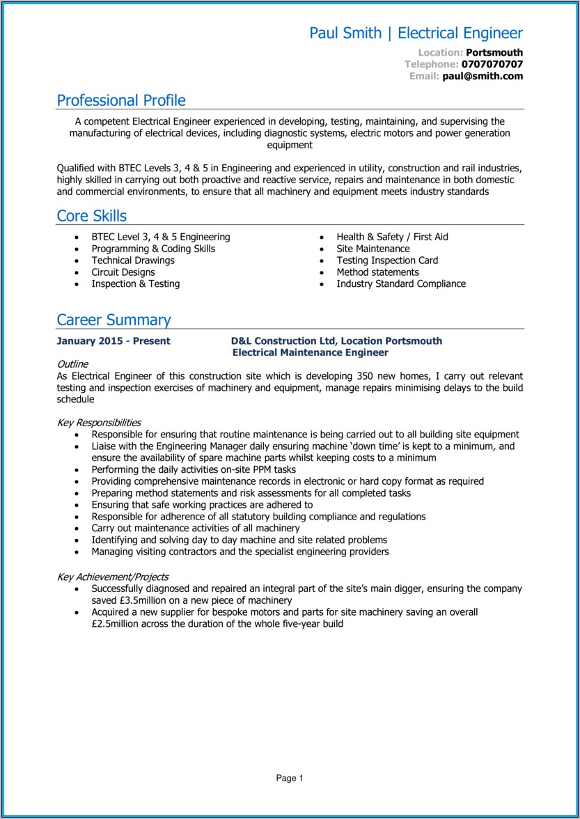 Resume Examples For Domestic Engineers