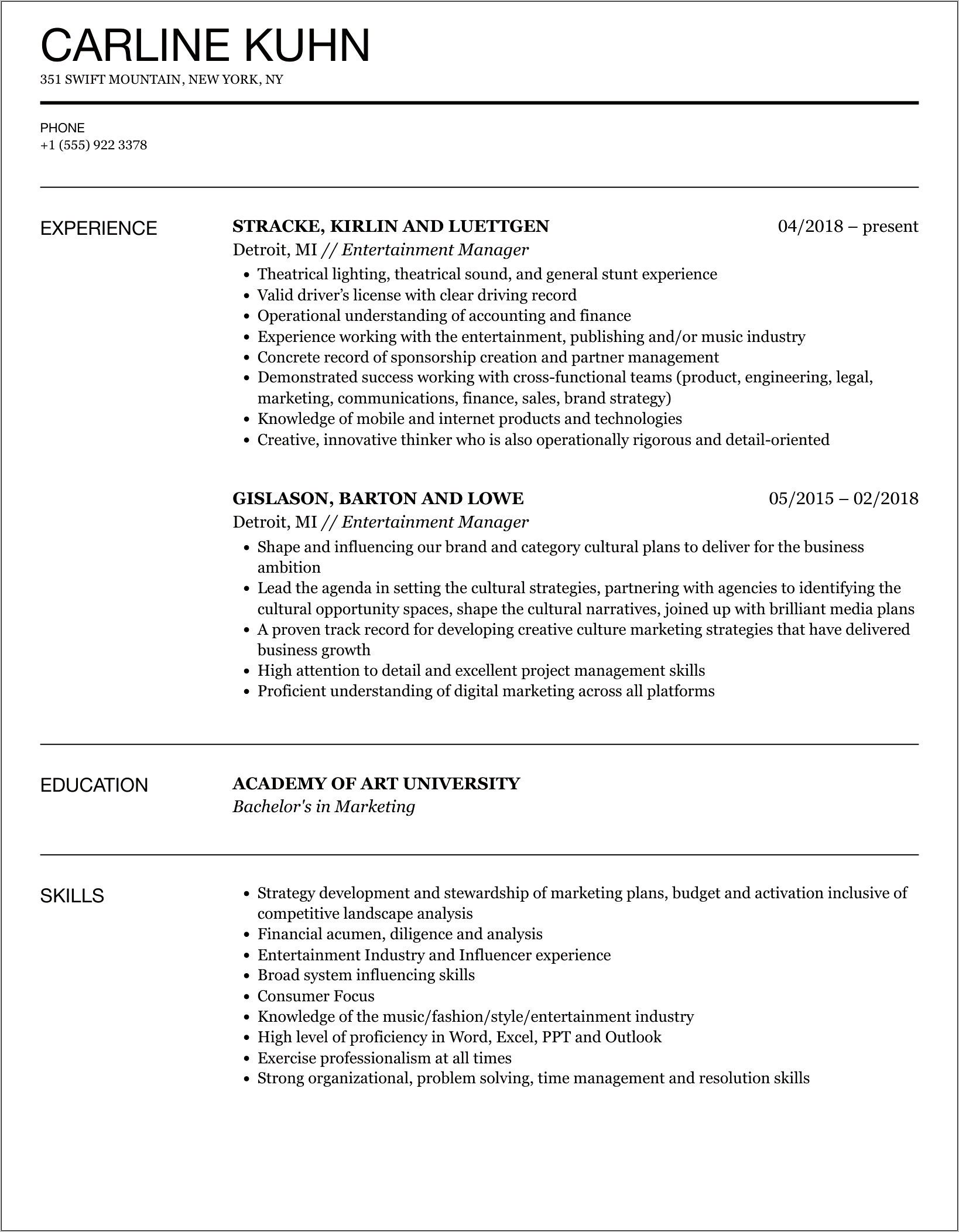 Resume Examples For Entertainment Industry
