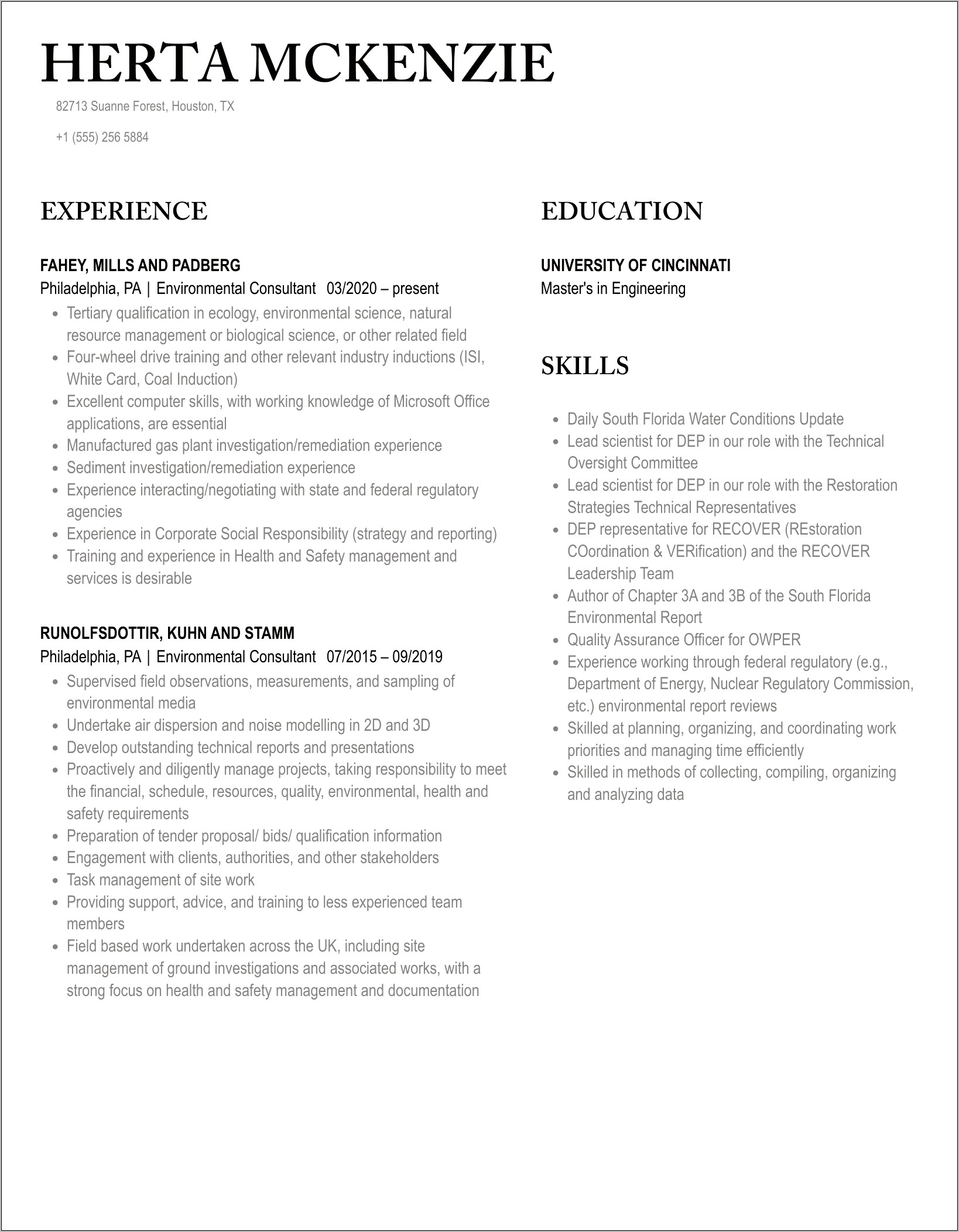 Resume Examples For Environmental Consulting