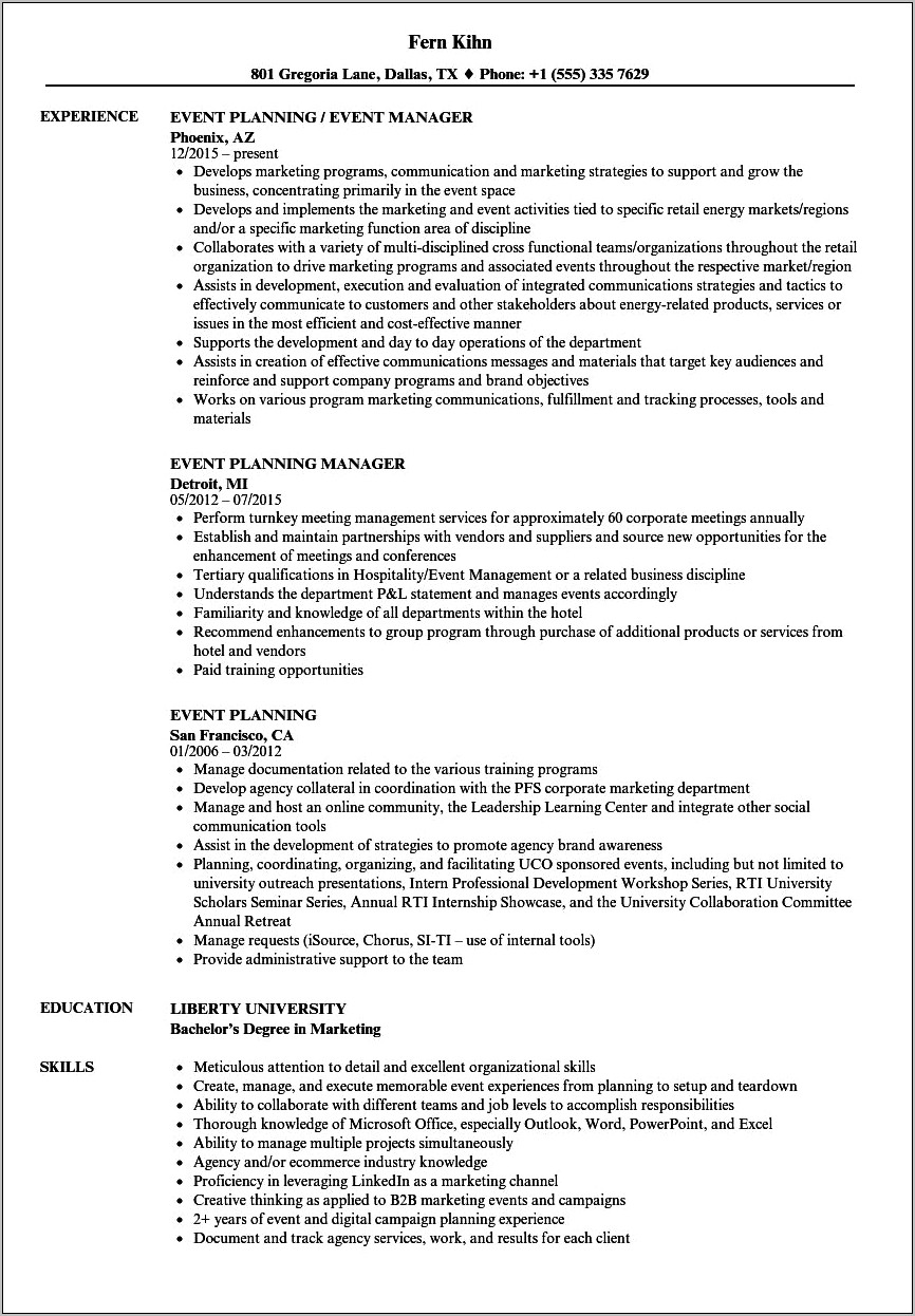 Resume Examples For Event Planners