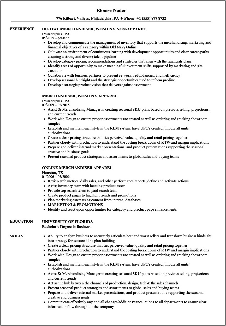 Resume Examples For Fashion Merchandising
