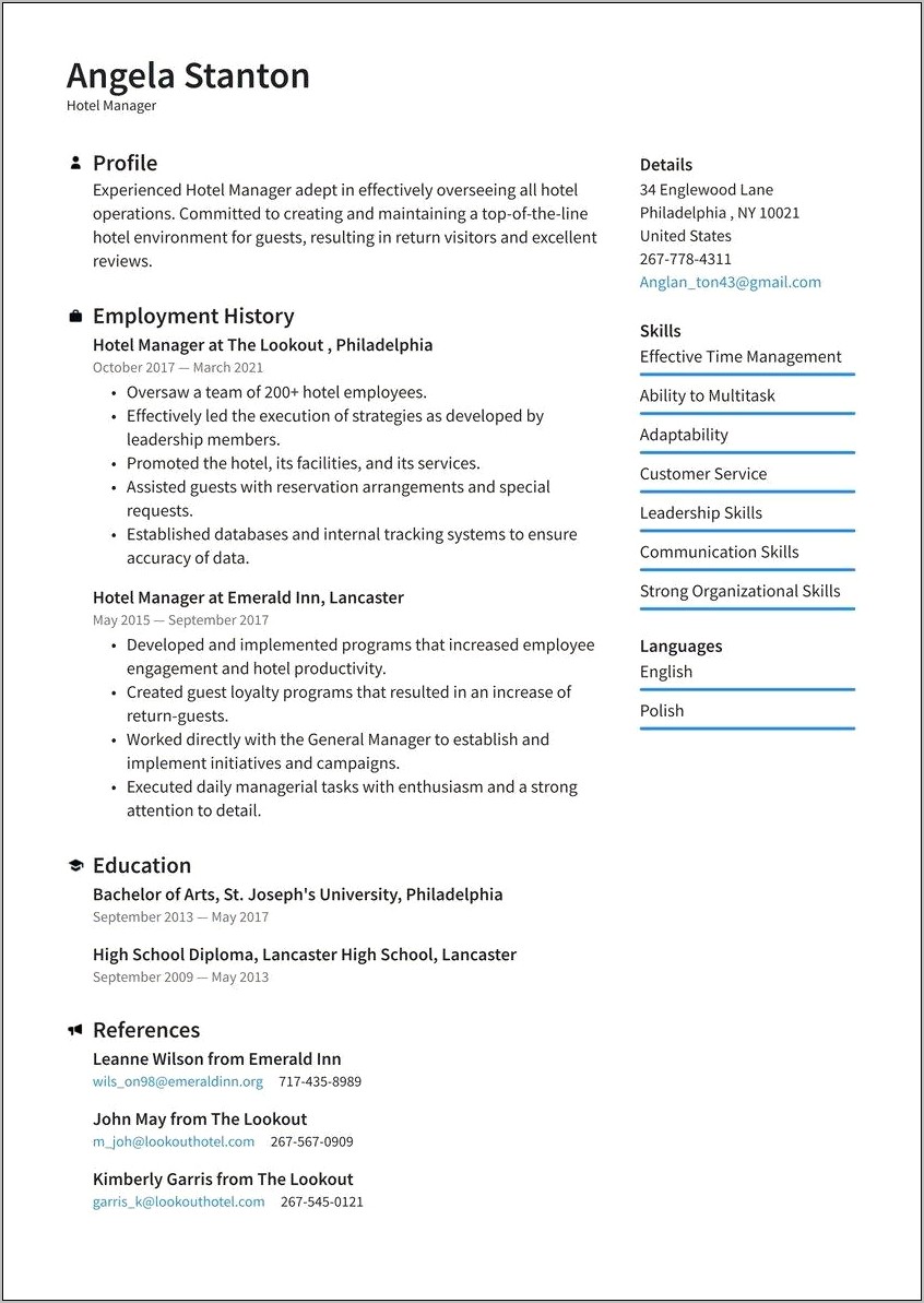 Resume Examples For Hotel Management