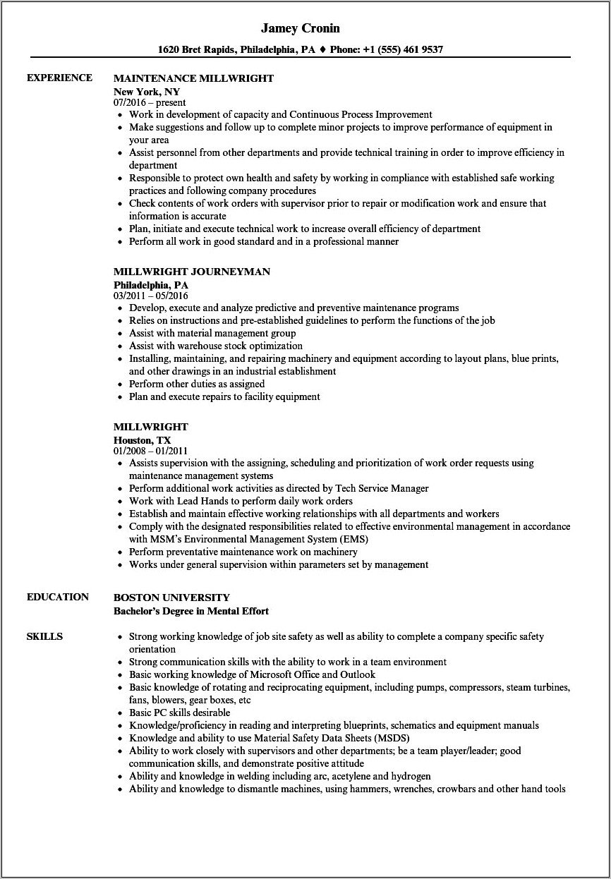 Resume Examples For Millwright Apprenticeship