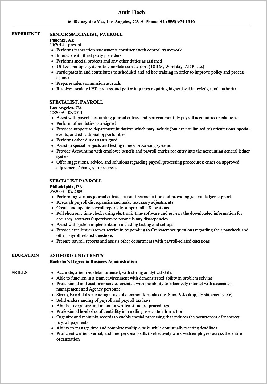 Resume Examples For Payroll Administrator