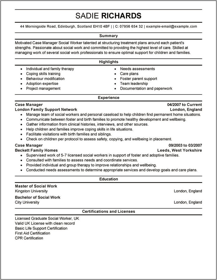 Resume For A Case Manager