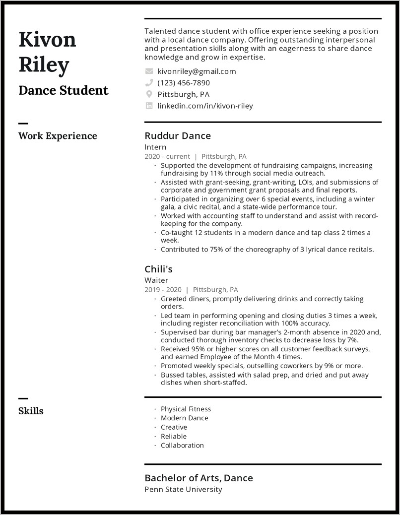 Resume For Dance Teacher Job