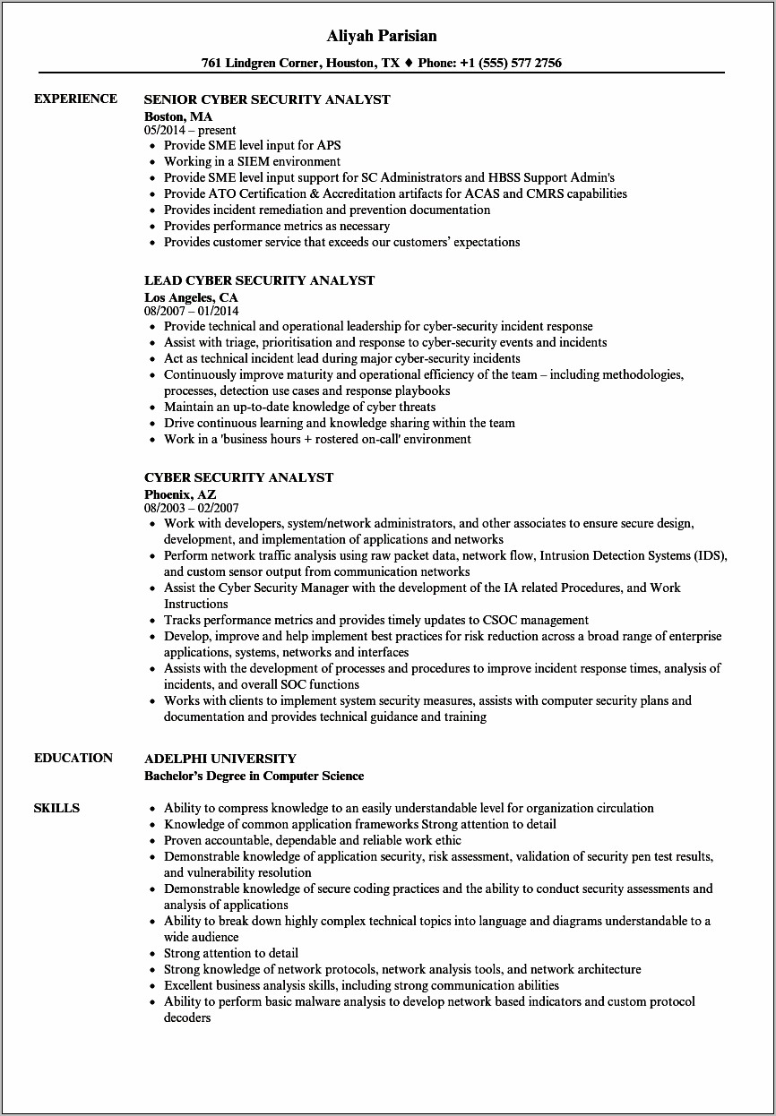 Resume For Incident Management Analyst