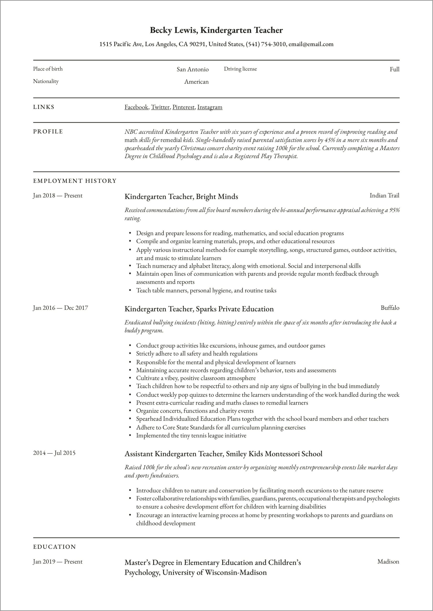 Resume For Kindergarten Teachers Examples