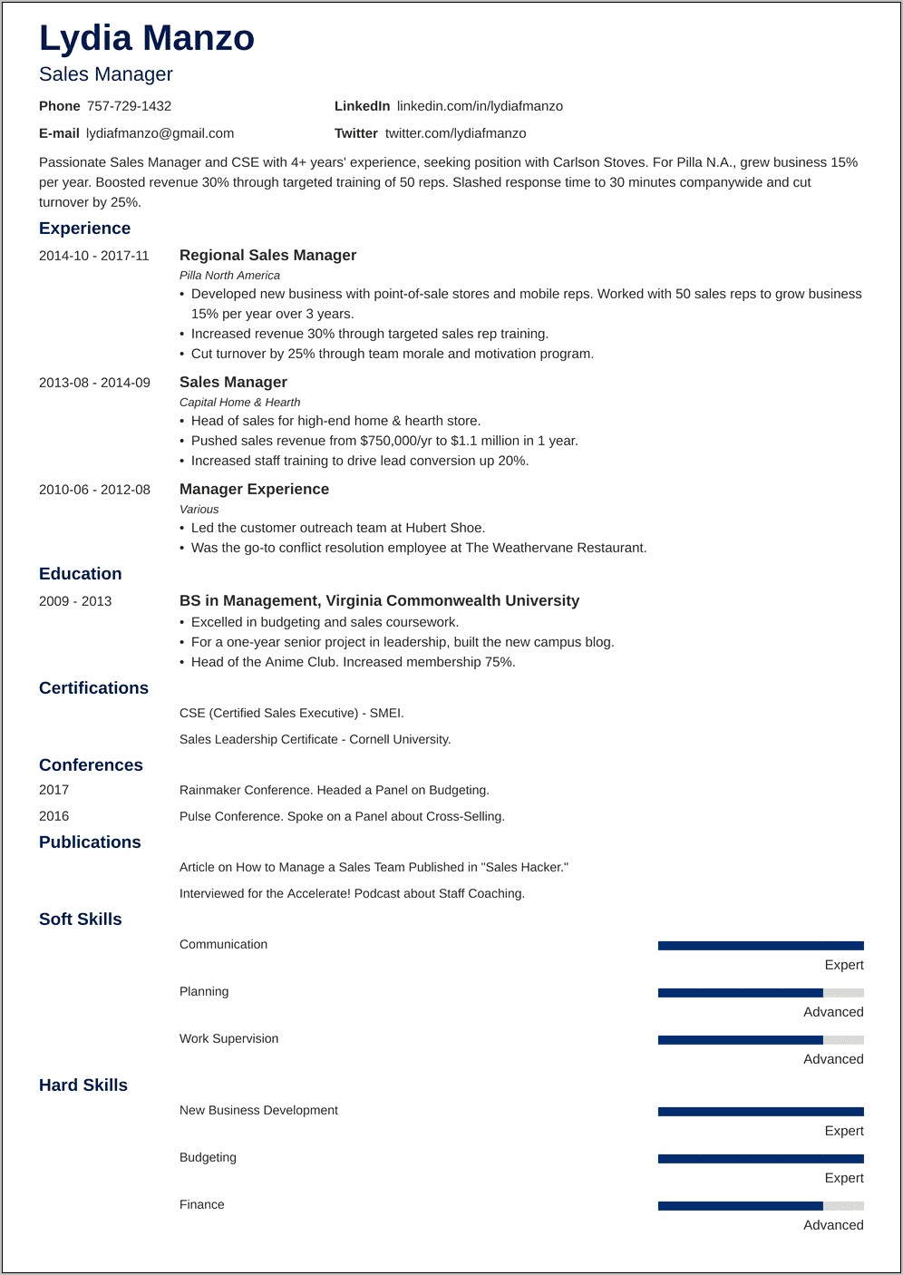 Resume For Management Position Examples