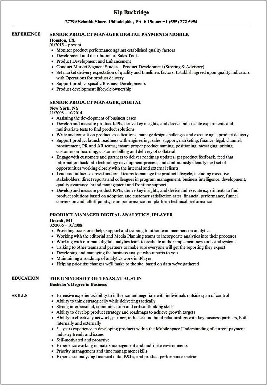 Resume For Product Development Manager