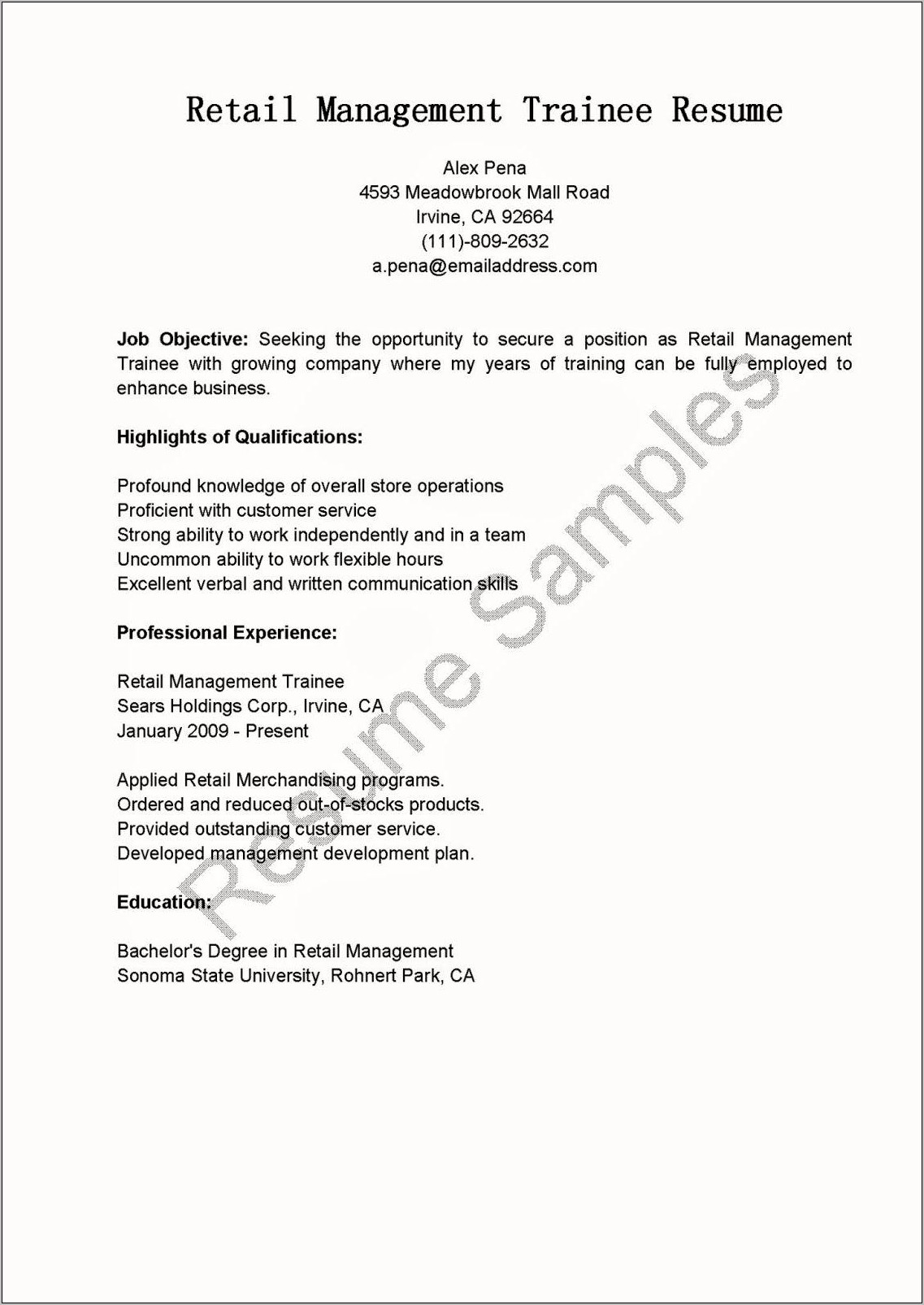 Resume For Retail Management Position