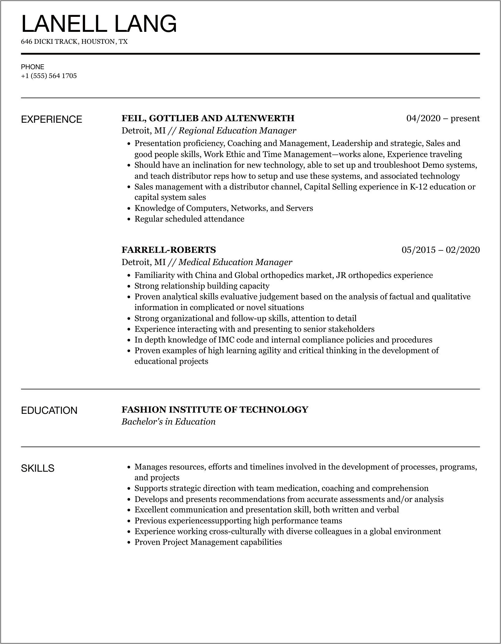 Resume For School Manager Position