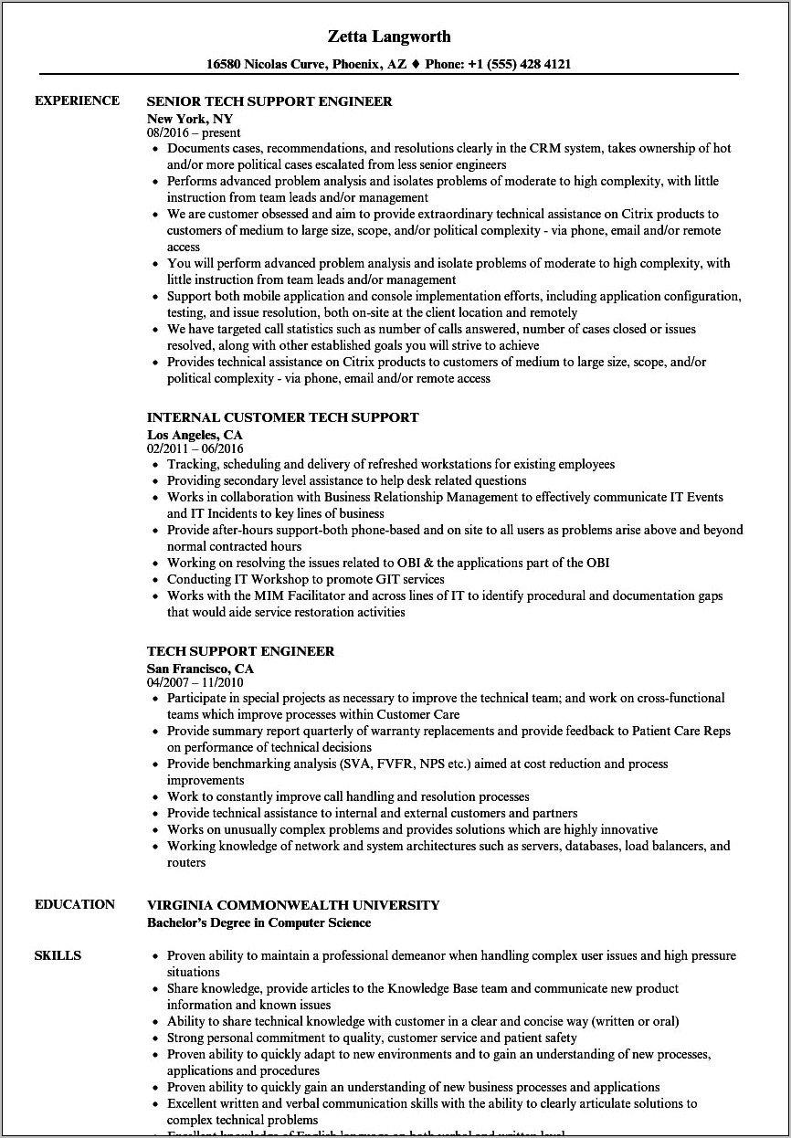 Resume For Technical Support Jobs