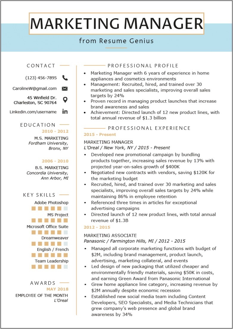 Resume Format For Marketing Manager