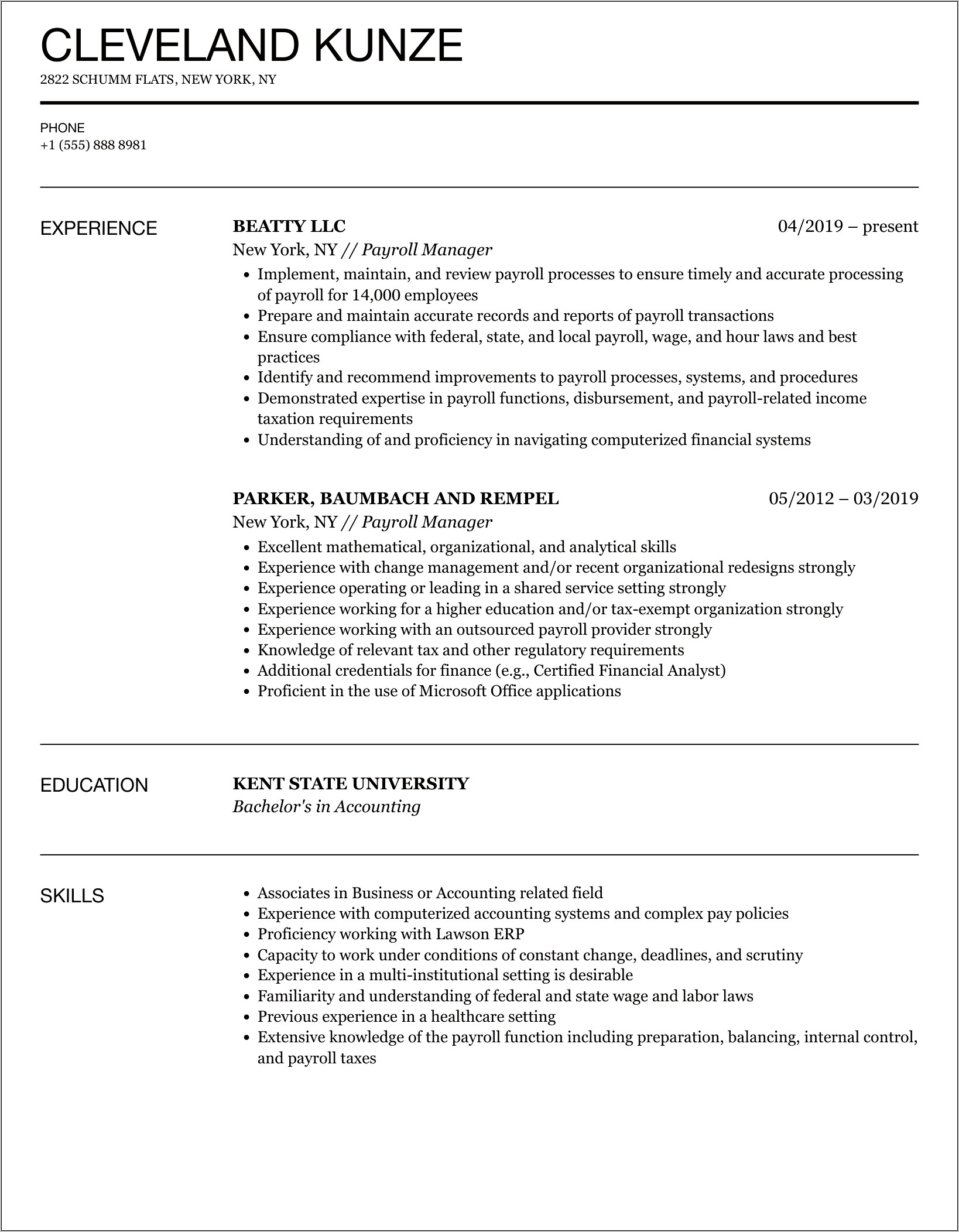 Resume Format For Payroll Manager