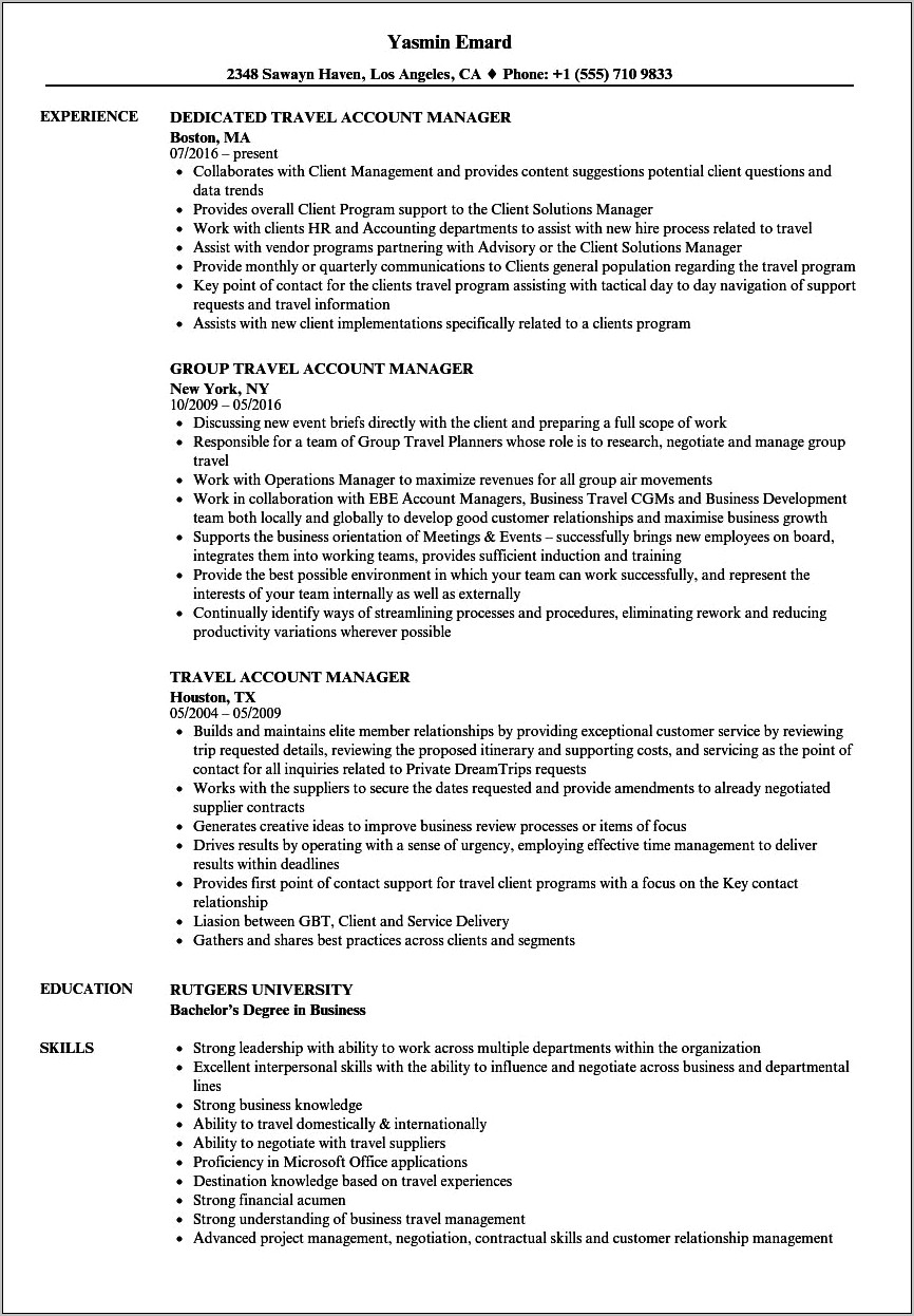 Resume Format For Travel Manager