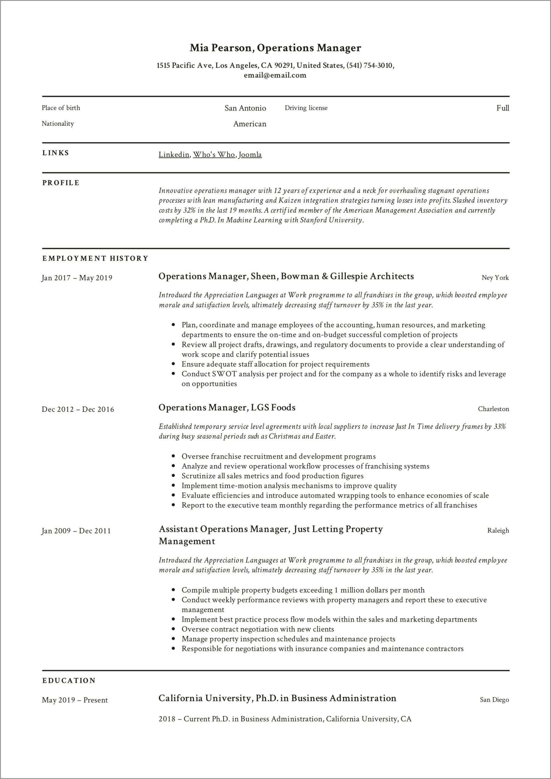 Resume Introduction Paragraph Operations Manager