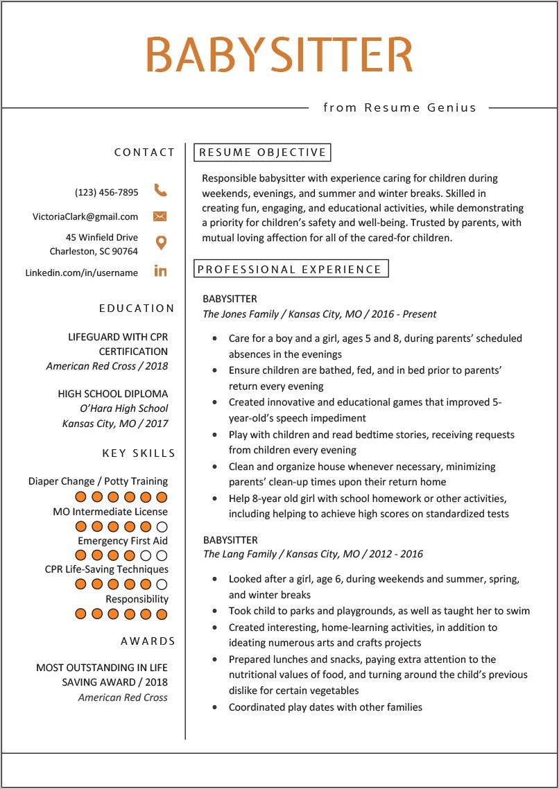 Resume Job Description For Babysitter