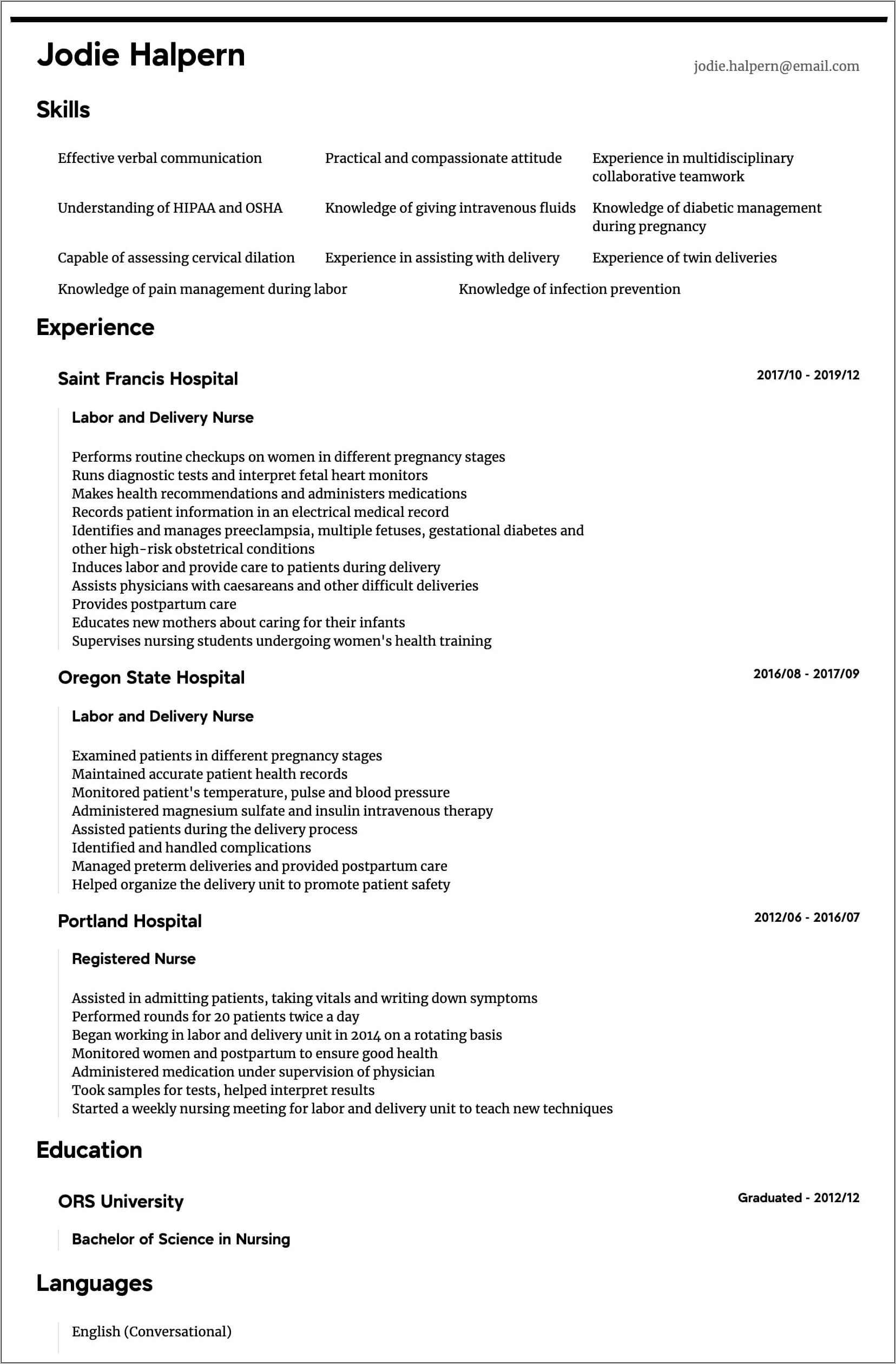 Resume Job Description For Nurses