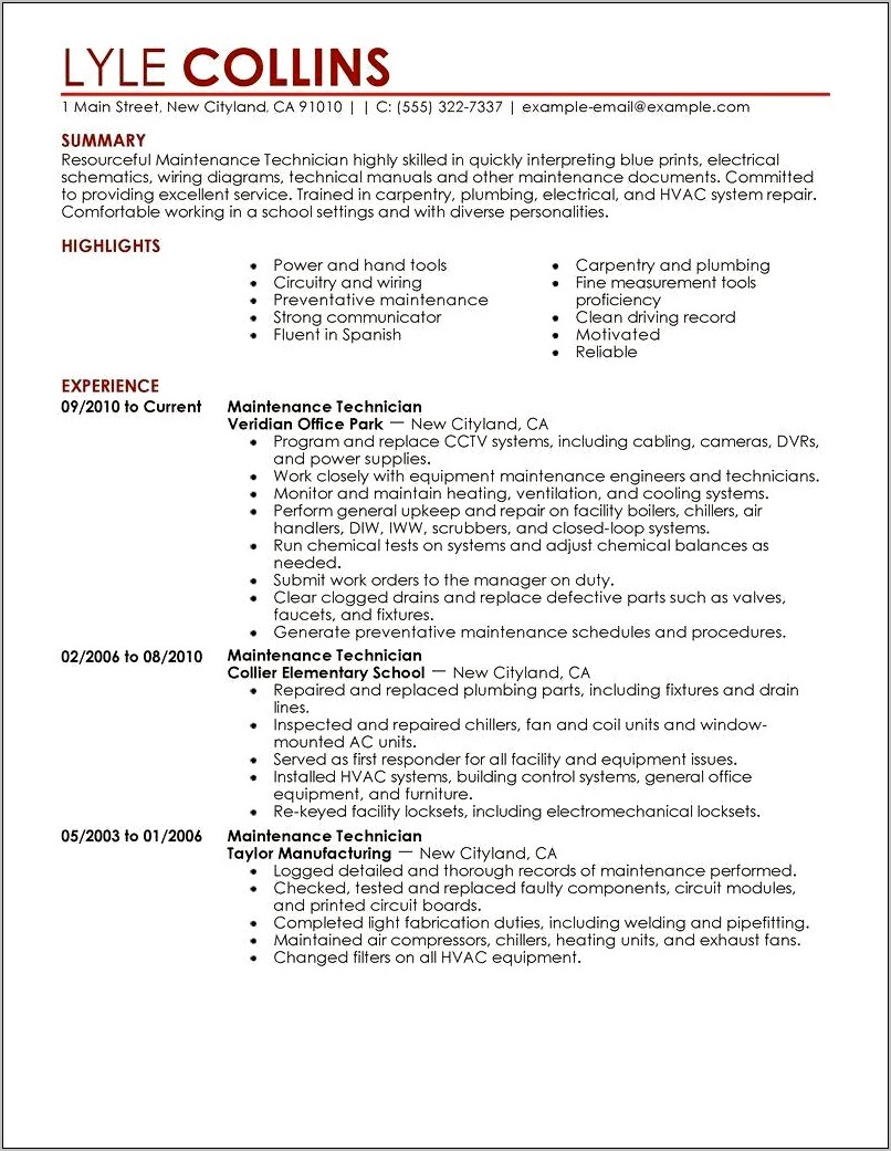 Resume Job Descriptions For Maintenance