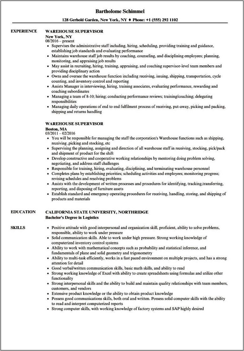 Resume Job Duties For Manager
