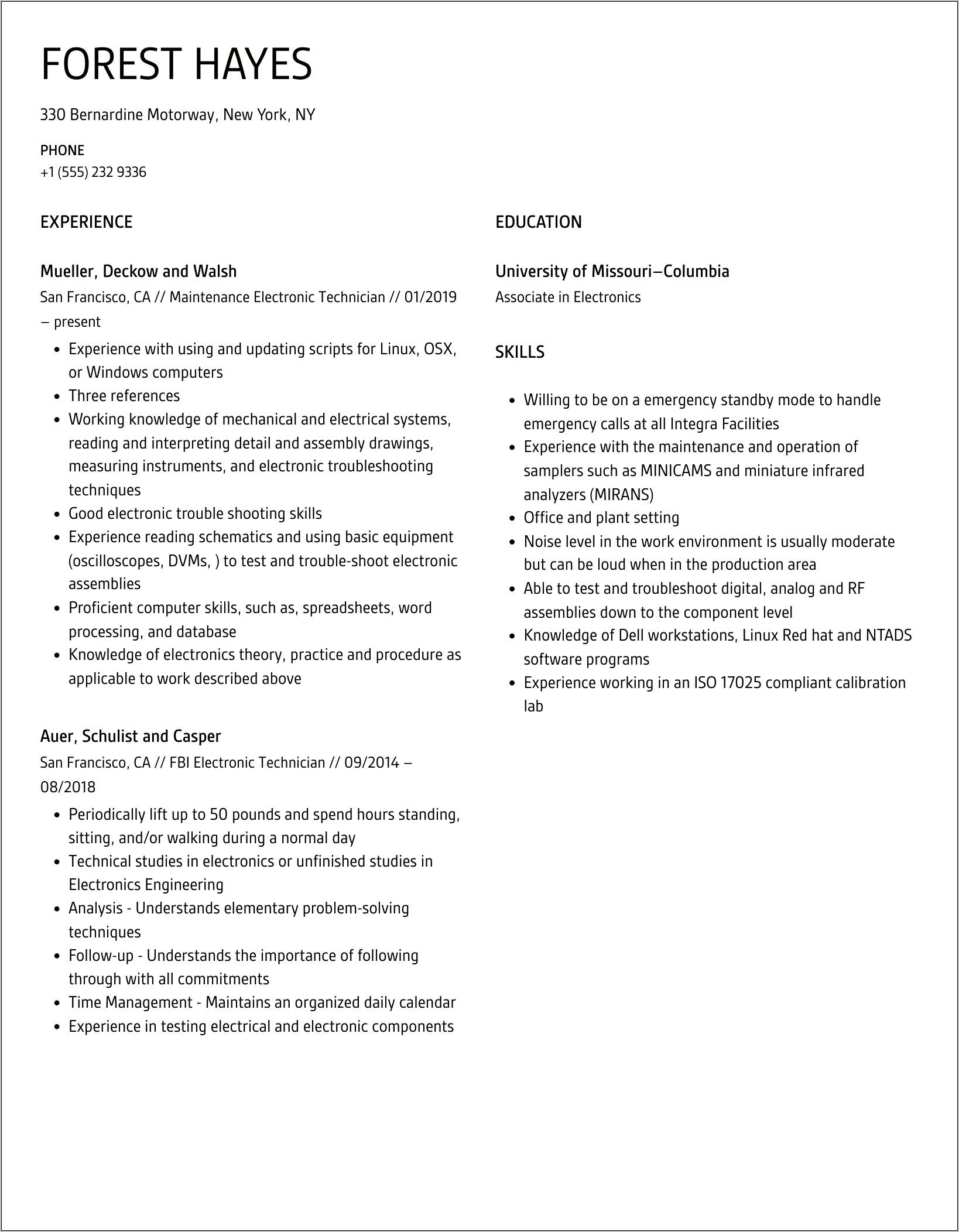 Resume Objective Examples Electronic Technician