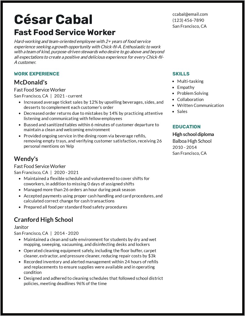 Resume Objective Examples Fast Food