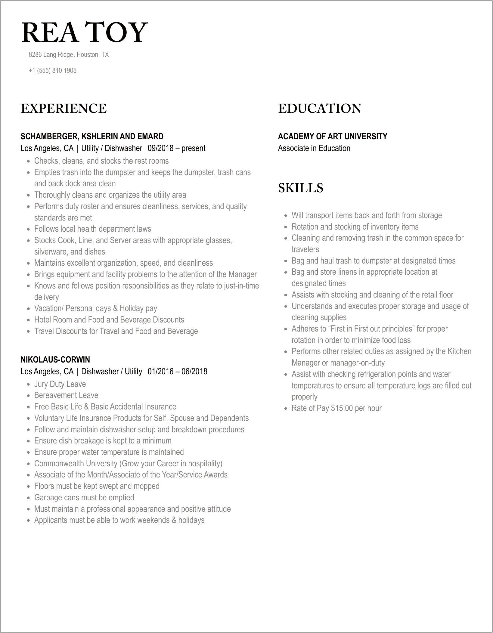Resume Objective Examples For Dishwasher