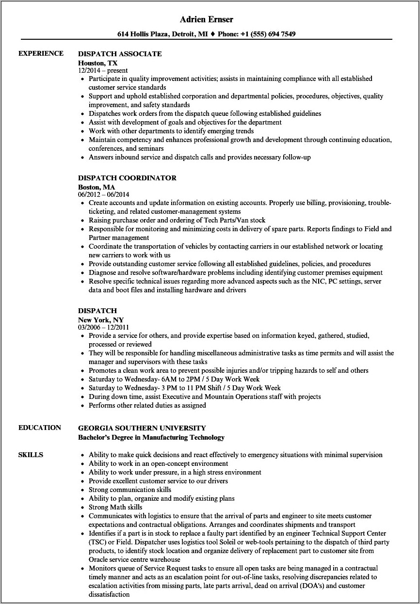 Resume Objective For Clerk Dispatcher