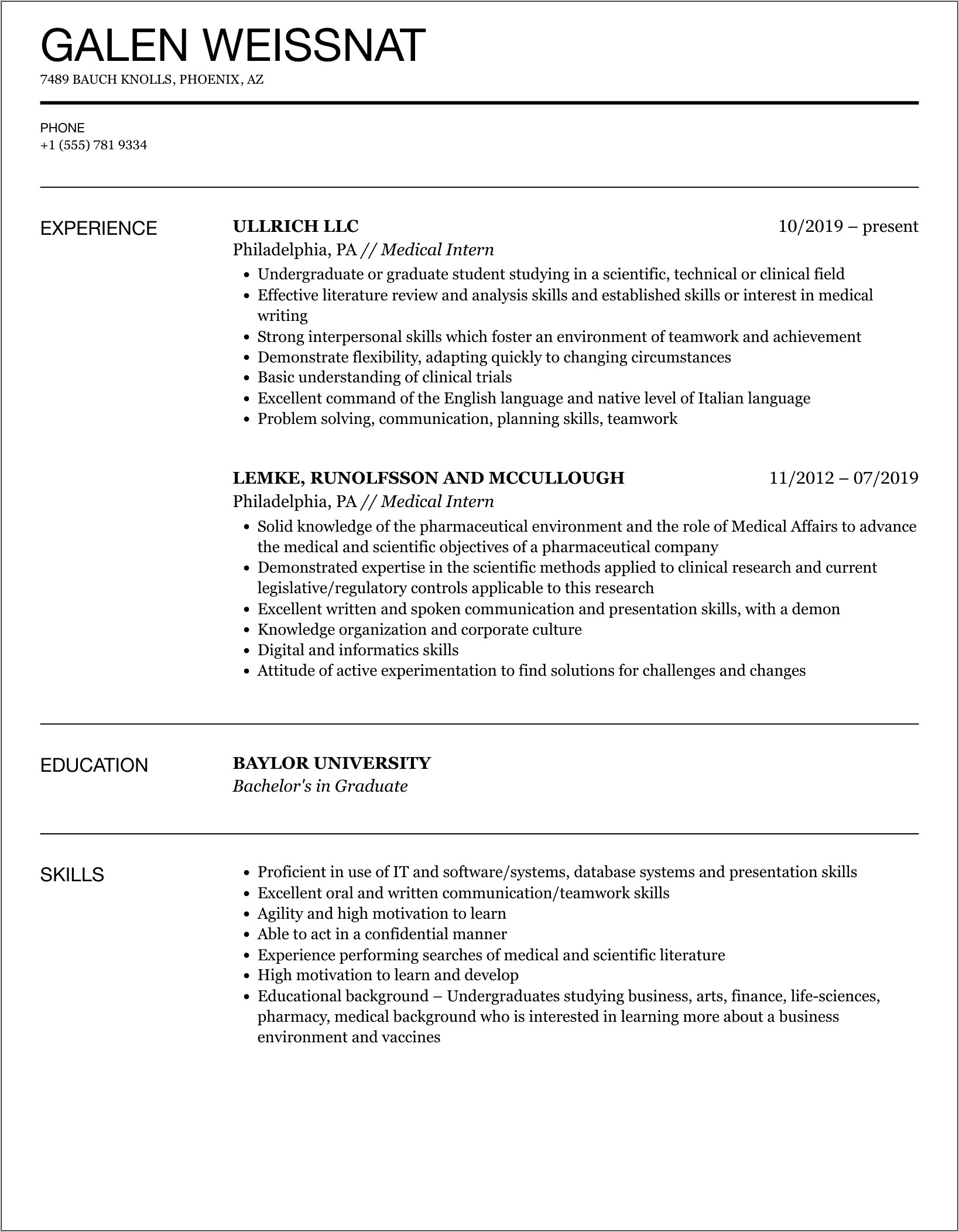 Resume Objective For Healthcare Internship