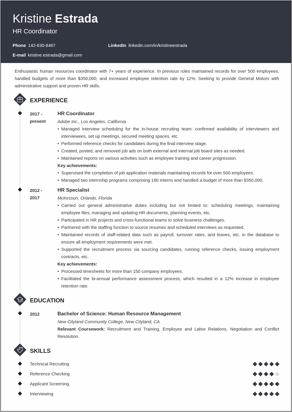 Resume Objective For Hr Specialist