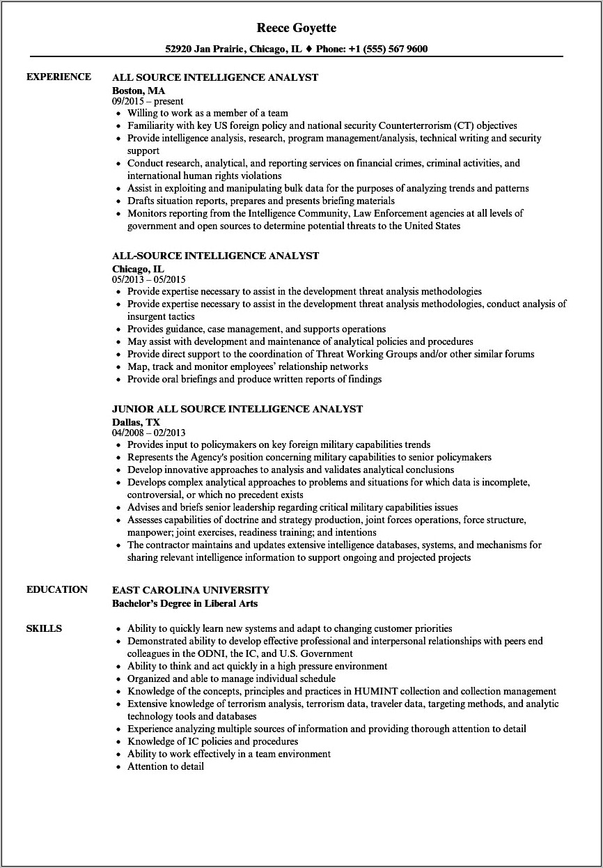 Resume Objective For Intelligence Analyst