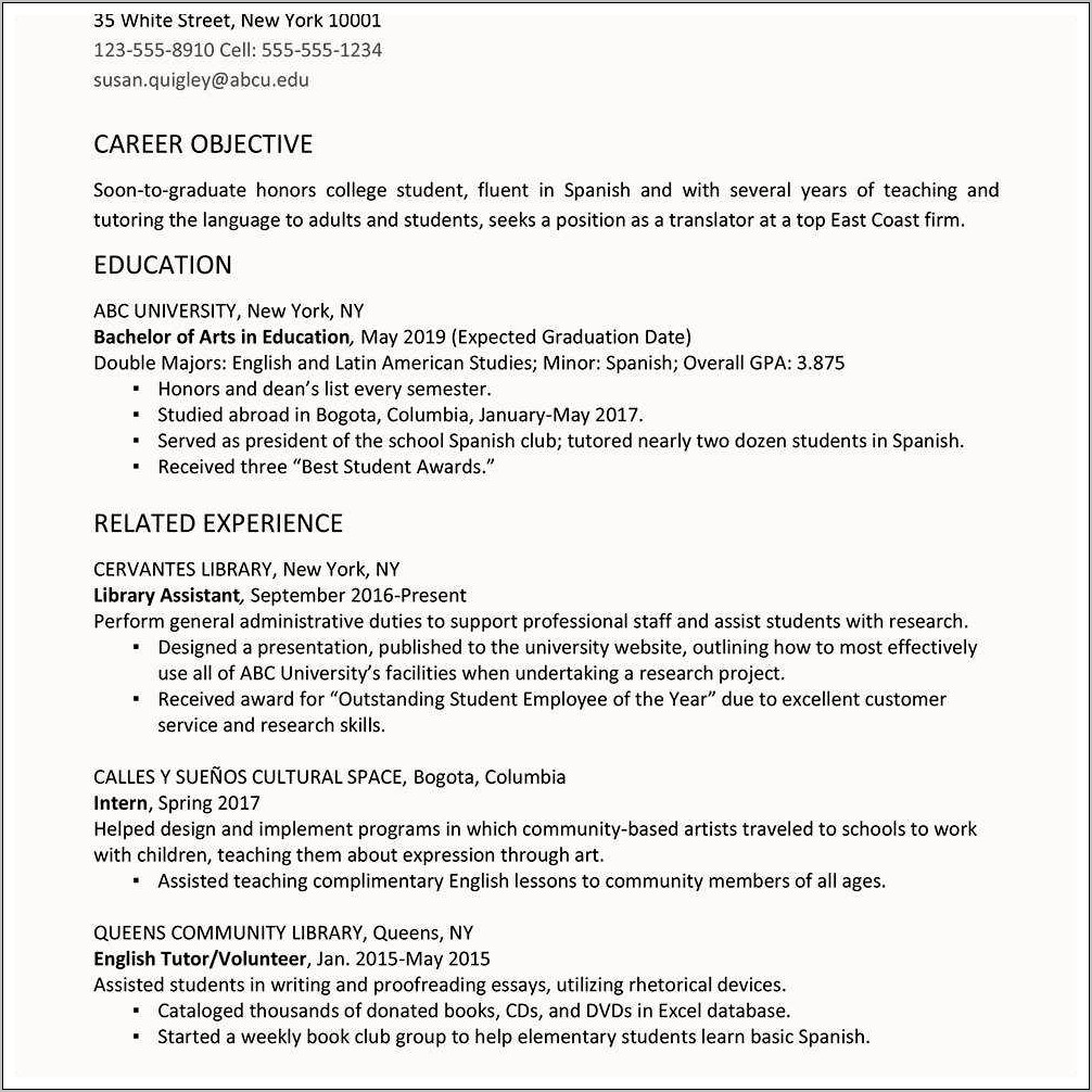 Resume Objective For Library Position