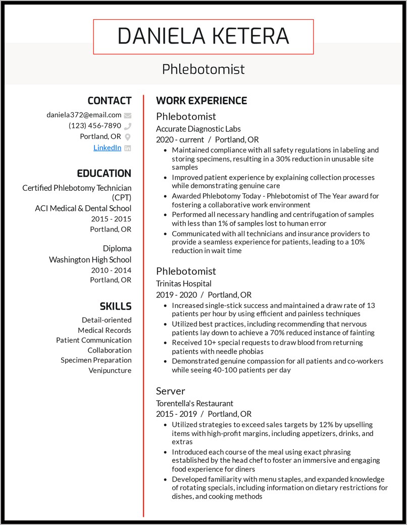 Resume Objective For Phlebotomy Job
