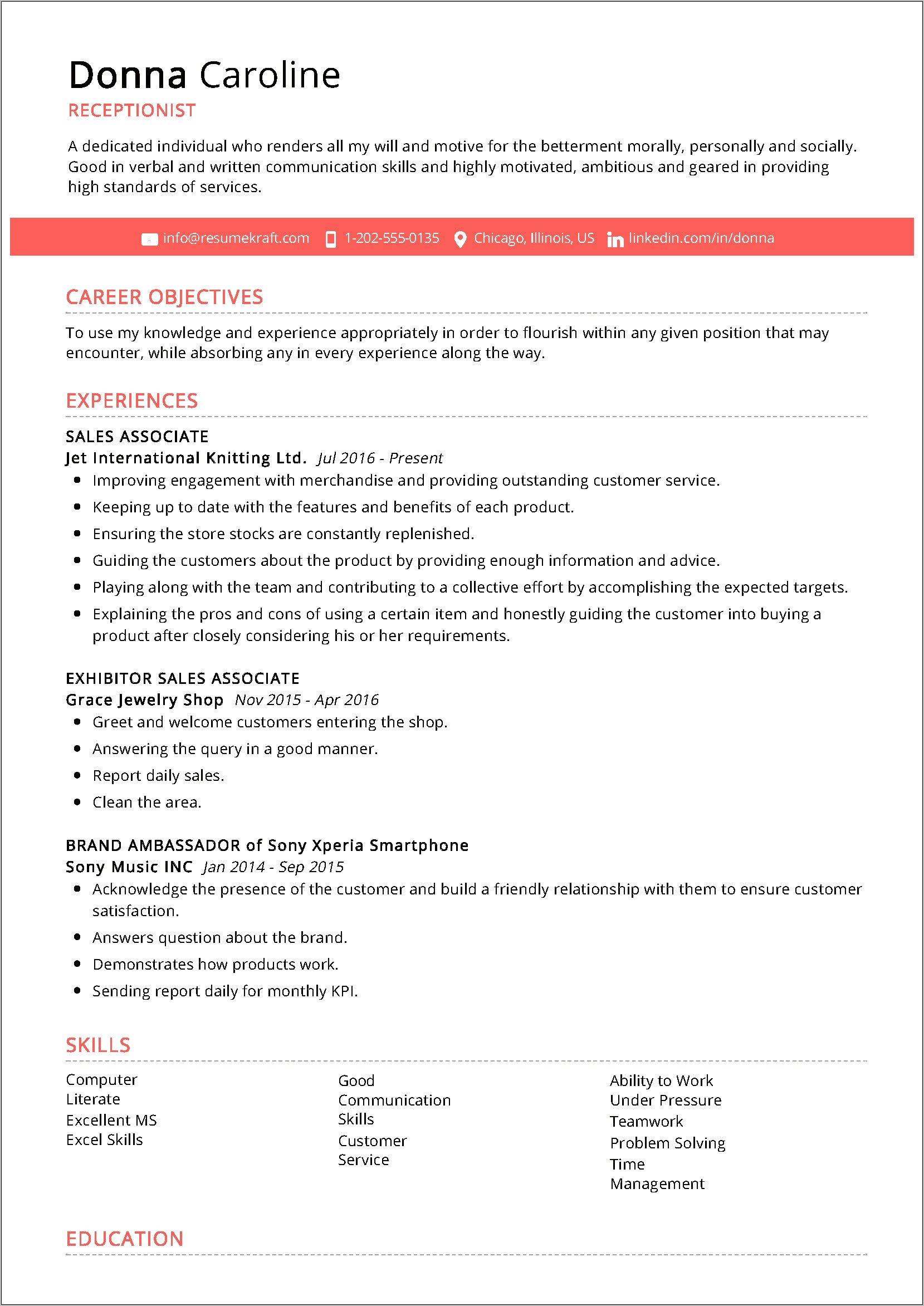 Resume Objective For Receptionist Position