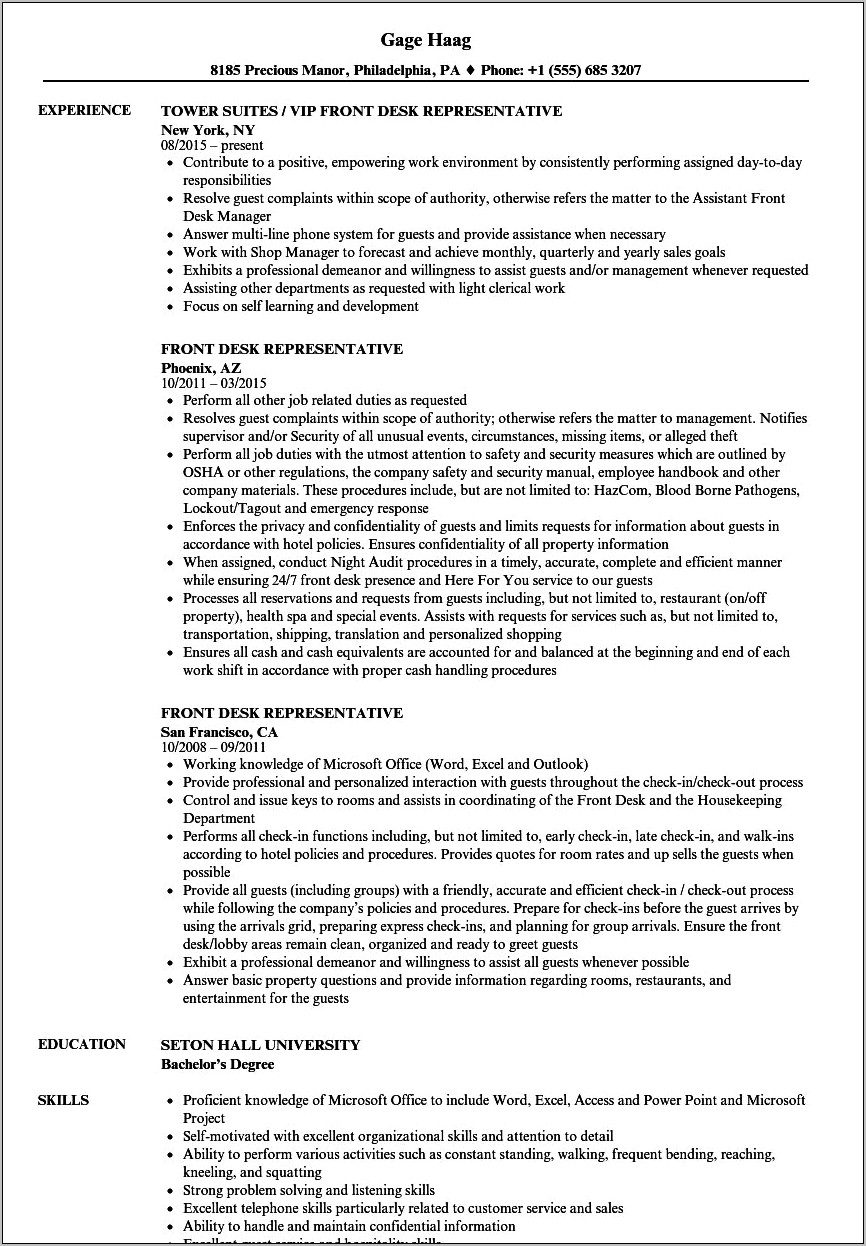 Resume Objective For Spa Receptionist