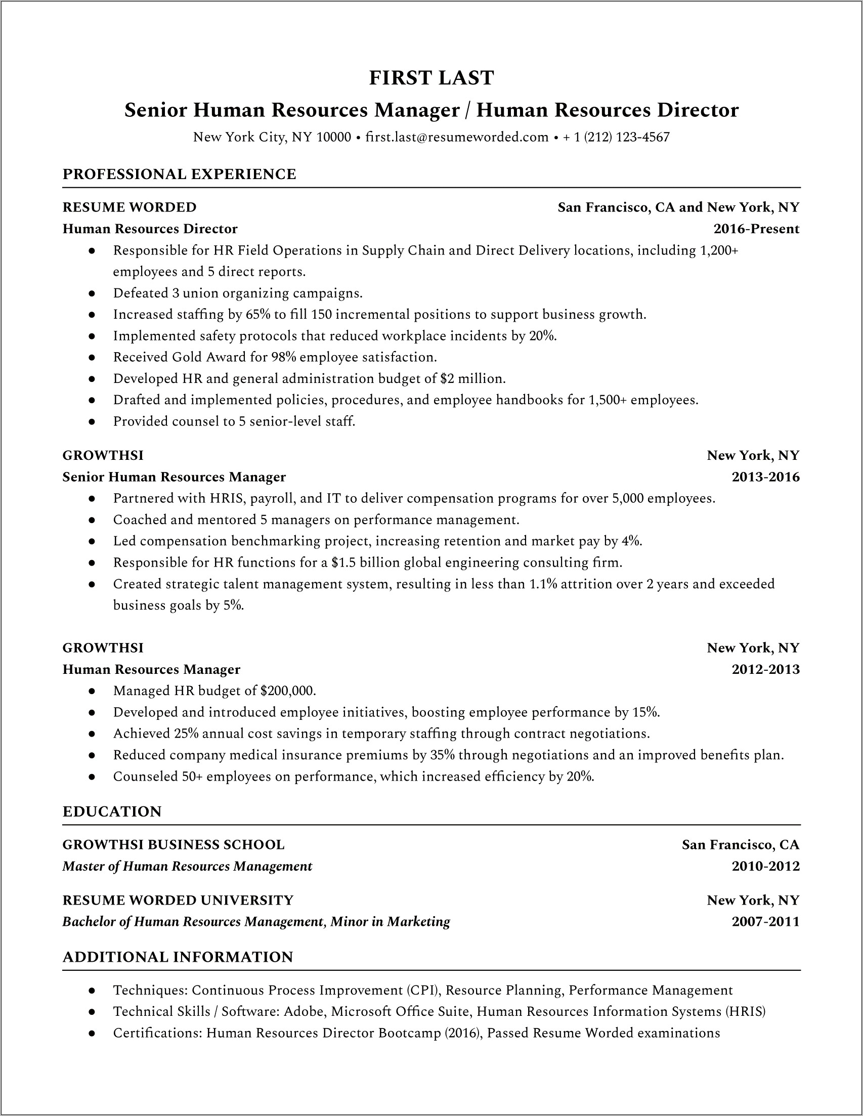 Resume Objective Human Resources Manager