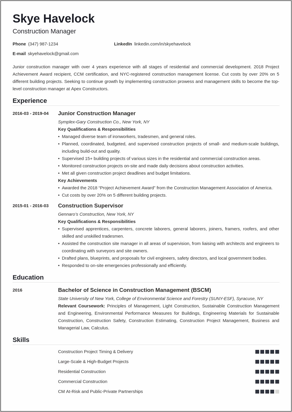 Resume Objective Statements Construction Industry