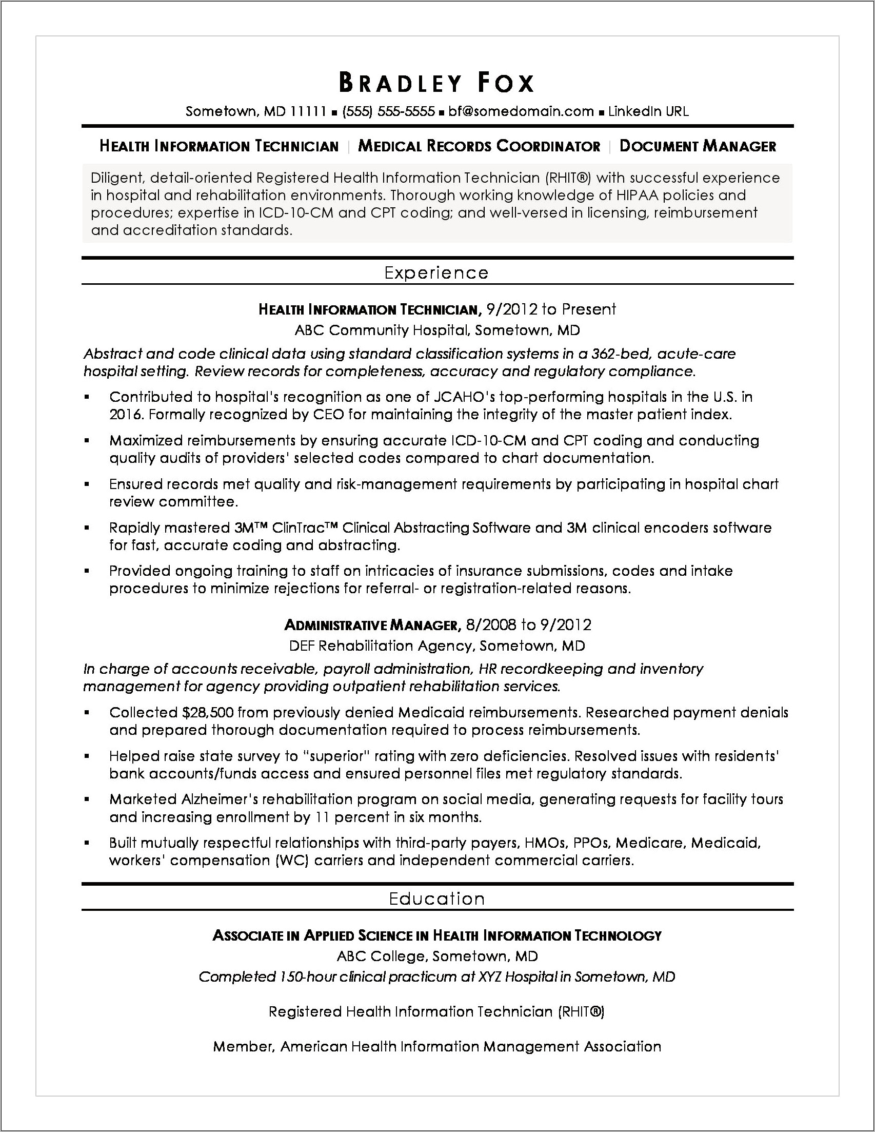 Resume Objectives For Hospital Administration