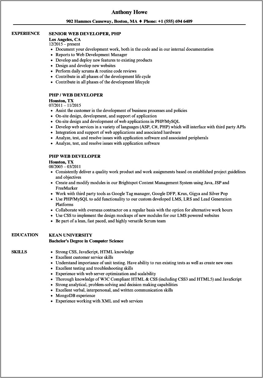 Resume Objectives For Php Developer