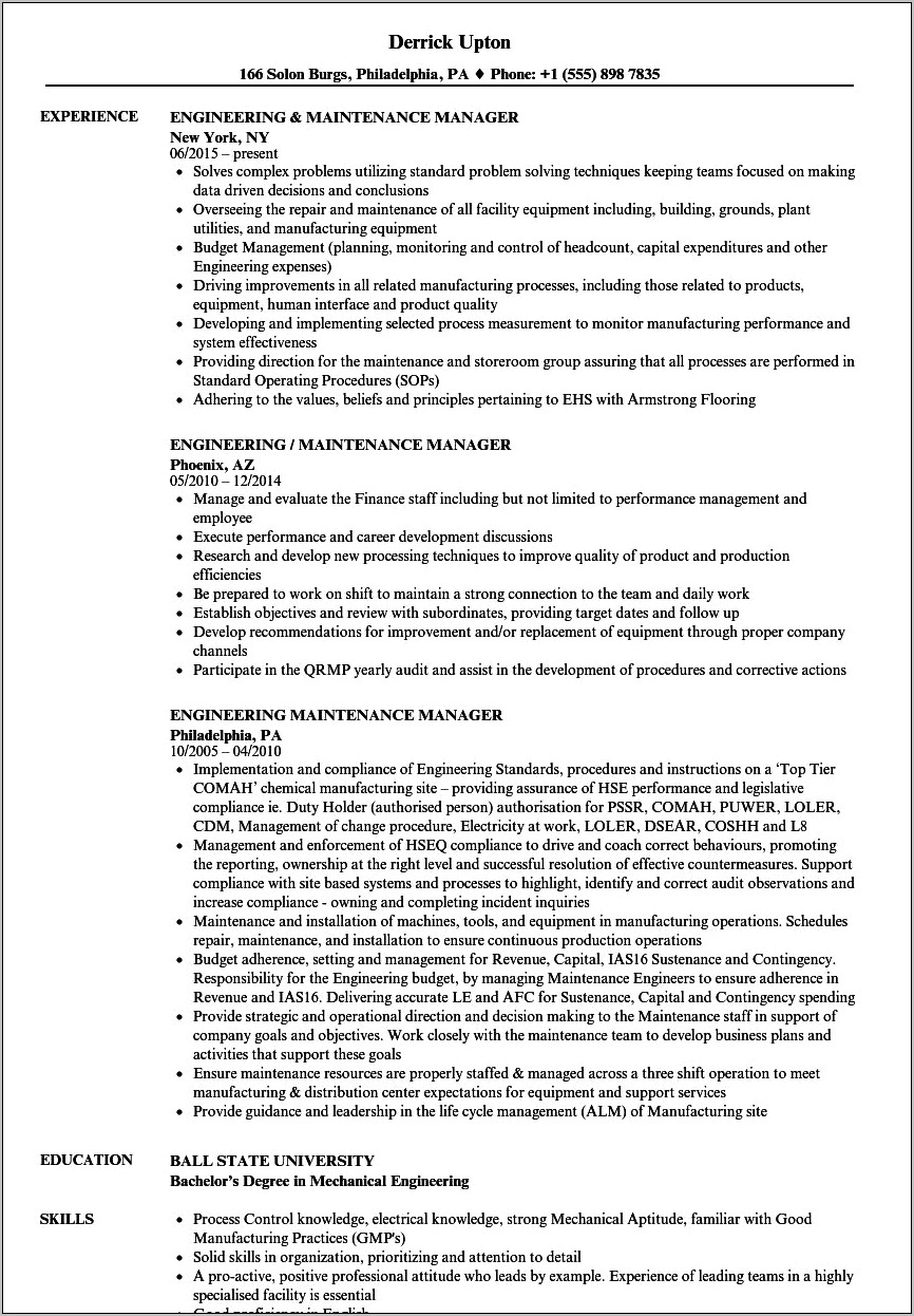 Resume Of Electrical Maintenance Manager