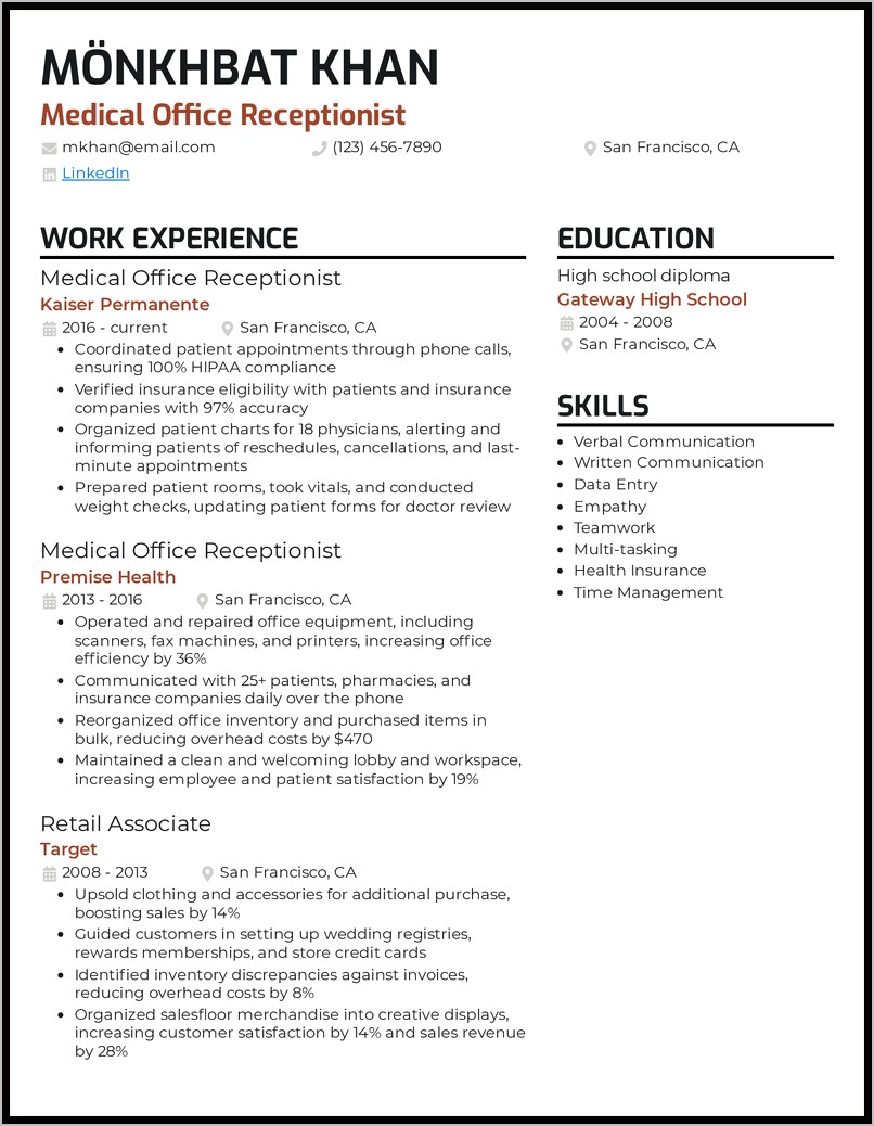 Resume Office Receptionist Job Description