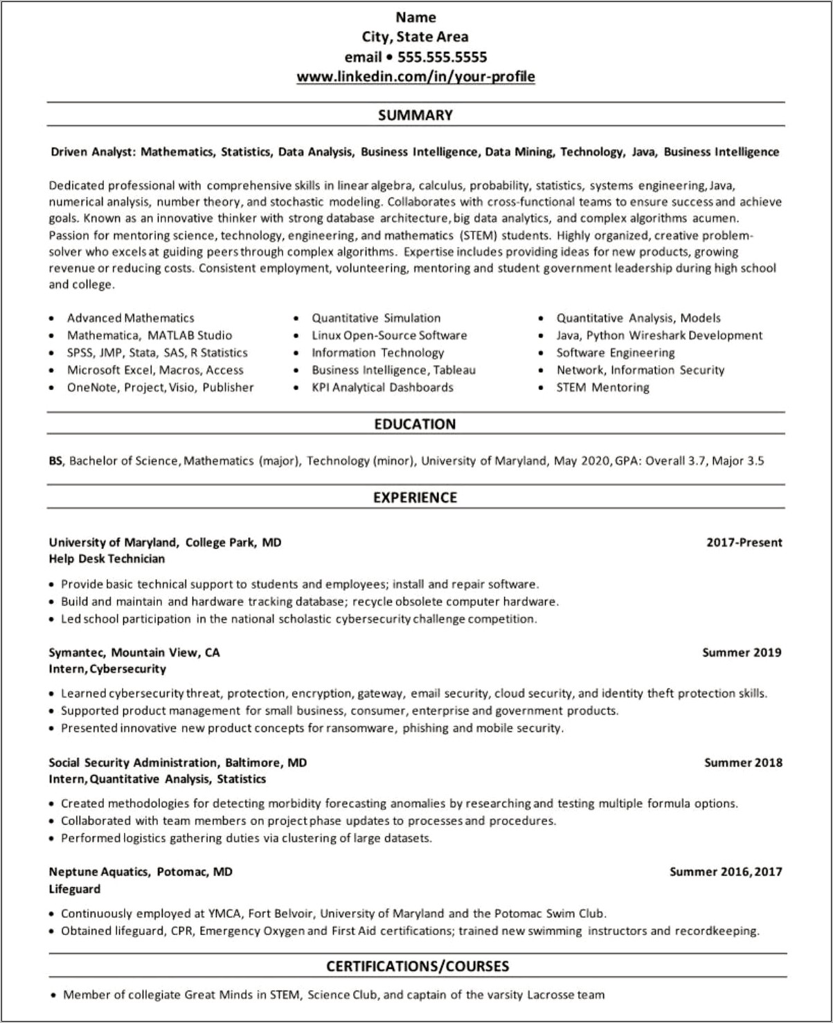 Resume Profile Examples College Students