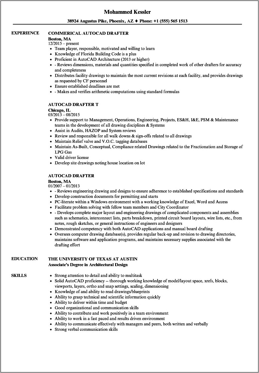 Resume Sample For Autocad Draftsman